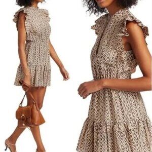 Joie Women’s Krystina Mini Dress XS Beige Chevron Ruffle Lightweight Indie Chic